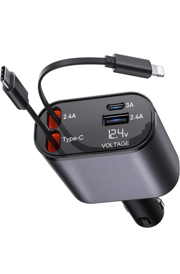 100W 4 in 1 Super Fast Charge Car Phone Charger, Retractable Cables